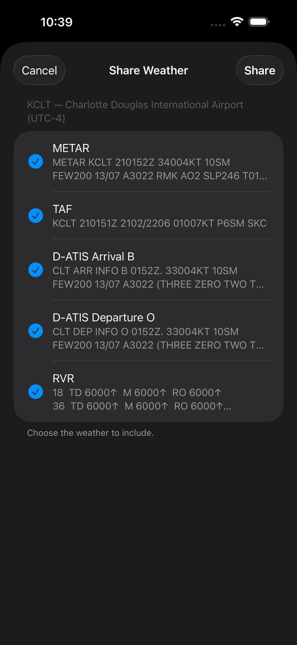 SimpleAvWx Share Weather sheet for KCLT with METAR, TAF, D-ATIS Arrival, D-ATIS Departure and RVR all checked, and Cancel and Share buttons.